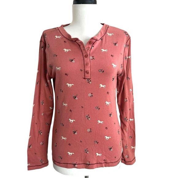 Bit & Bridle Tops - Bit and Bridle Horse Print Thermal Henley Top M Pink Equestrian Cowgirl Country